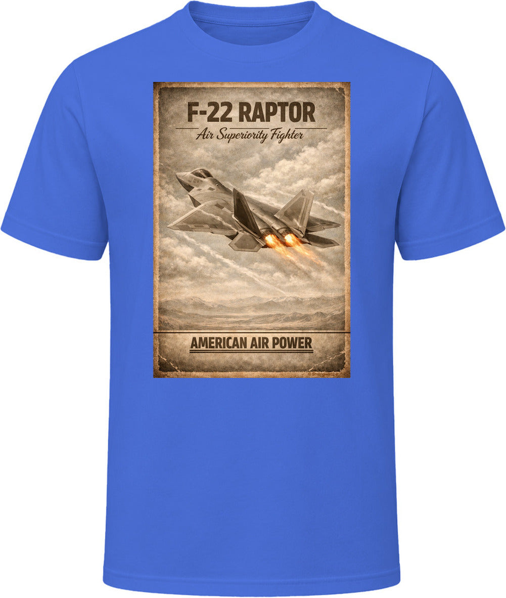 F-22 Raptor American Air Power royal blue t-shirt with distressed military aviation print by Smiling Wombat