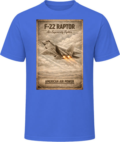 F-22 Raptor American Air Power royal blue t-shirt with distressed military aviation print by Smiling Wombat