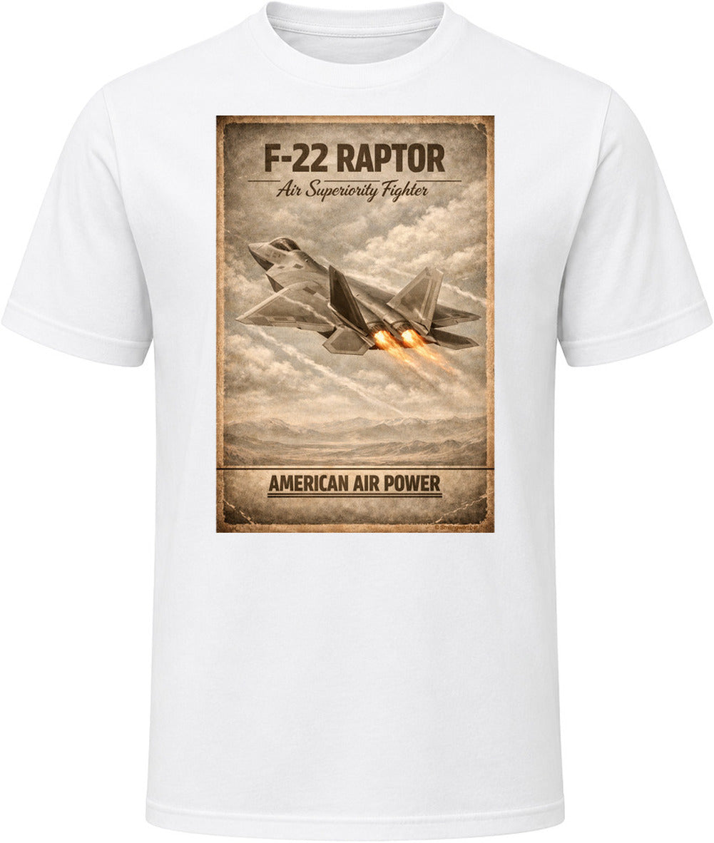 F-22 Raptor American Air Power white t-shirt with distressed vintage military aviation graphic by Smiling Wombat