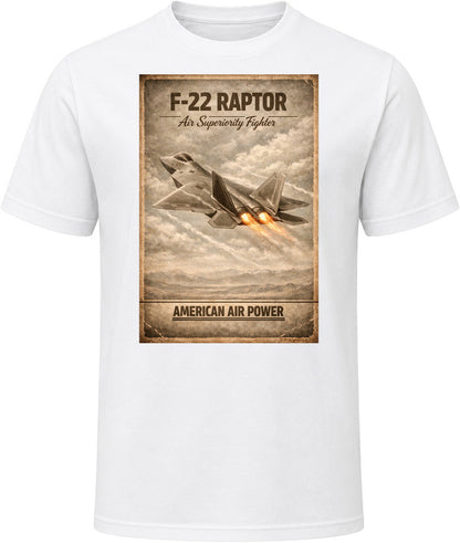 F-22 Raptor American Air Power white t-shirt with distressed vintage military aviation graphic by Smiling Wombat
