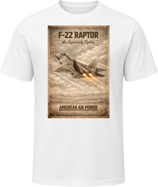 F-22 Raptor American Air Power white t-shirt with distressed vintage military aviation graphic by Smiling Wombat