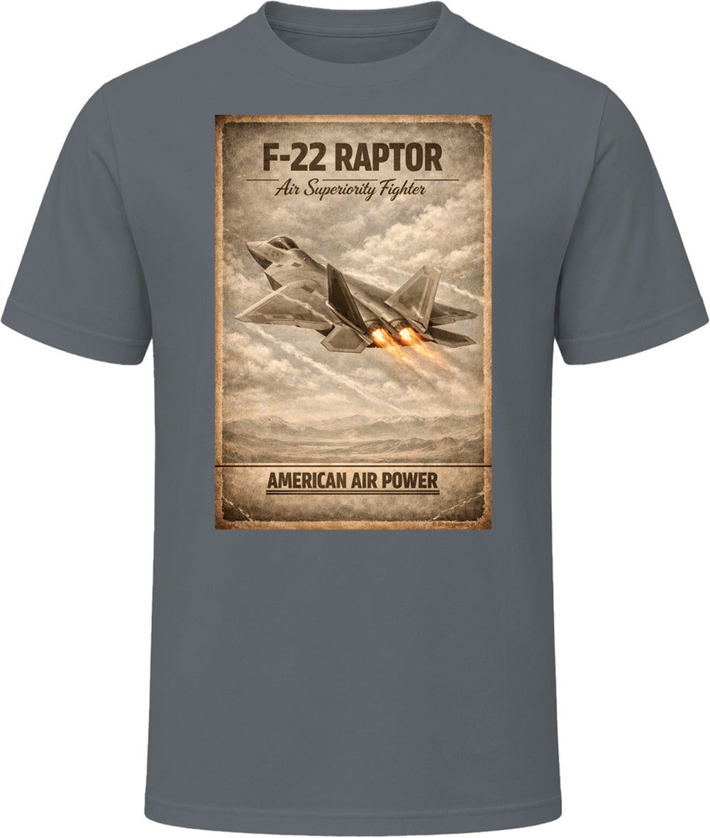 F-22 Raptor American Air Power charcoal grey t-shirt with vintage stealth fighter graphic by Smiling Wombat