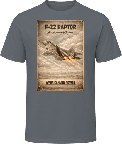 F-22 Raptor American Air Power charcoal grey t-shirt with vintage stealth fighter graphic by Smiling Wombat