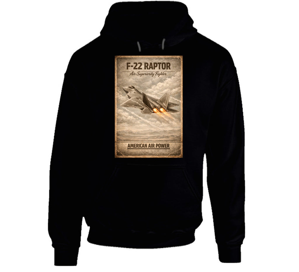 F-22 Raptor American Air Power black hoodie with bold stealth fighter design by Smiling Wombat