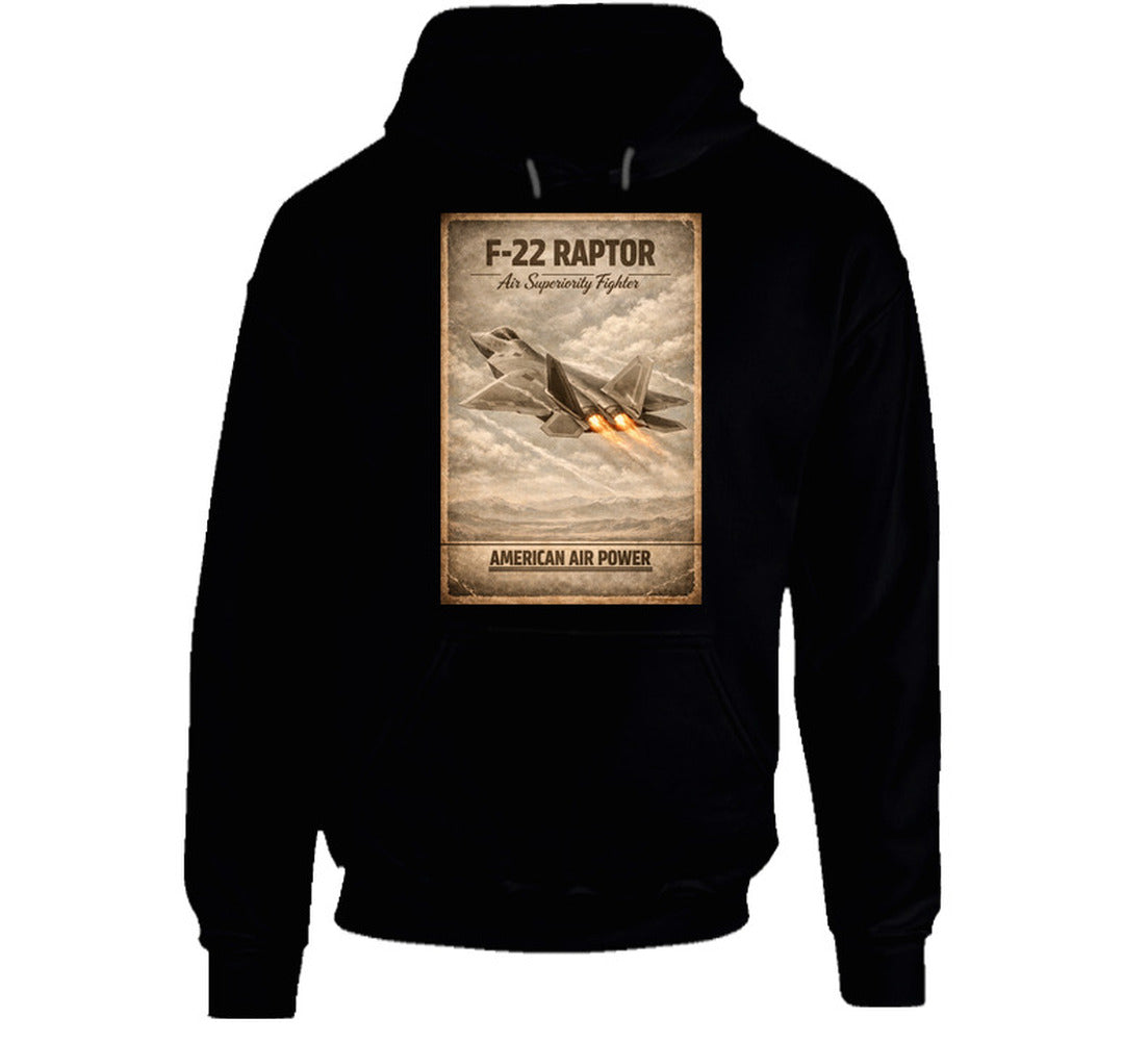 F-22 Raptor American Air Power black hoodie with bold stealth fighter design by Smiling Wombat