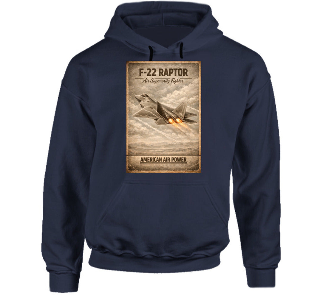 F-22 Raptor American Air Power navy hoodie featuring air superiority fighter vintage print by Smiling Wombat