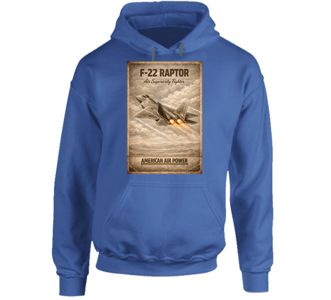 F-22 Raptor American Air Power royal blue hoodie with distressed military aviation graphic by Smiling Wombat