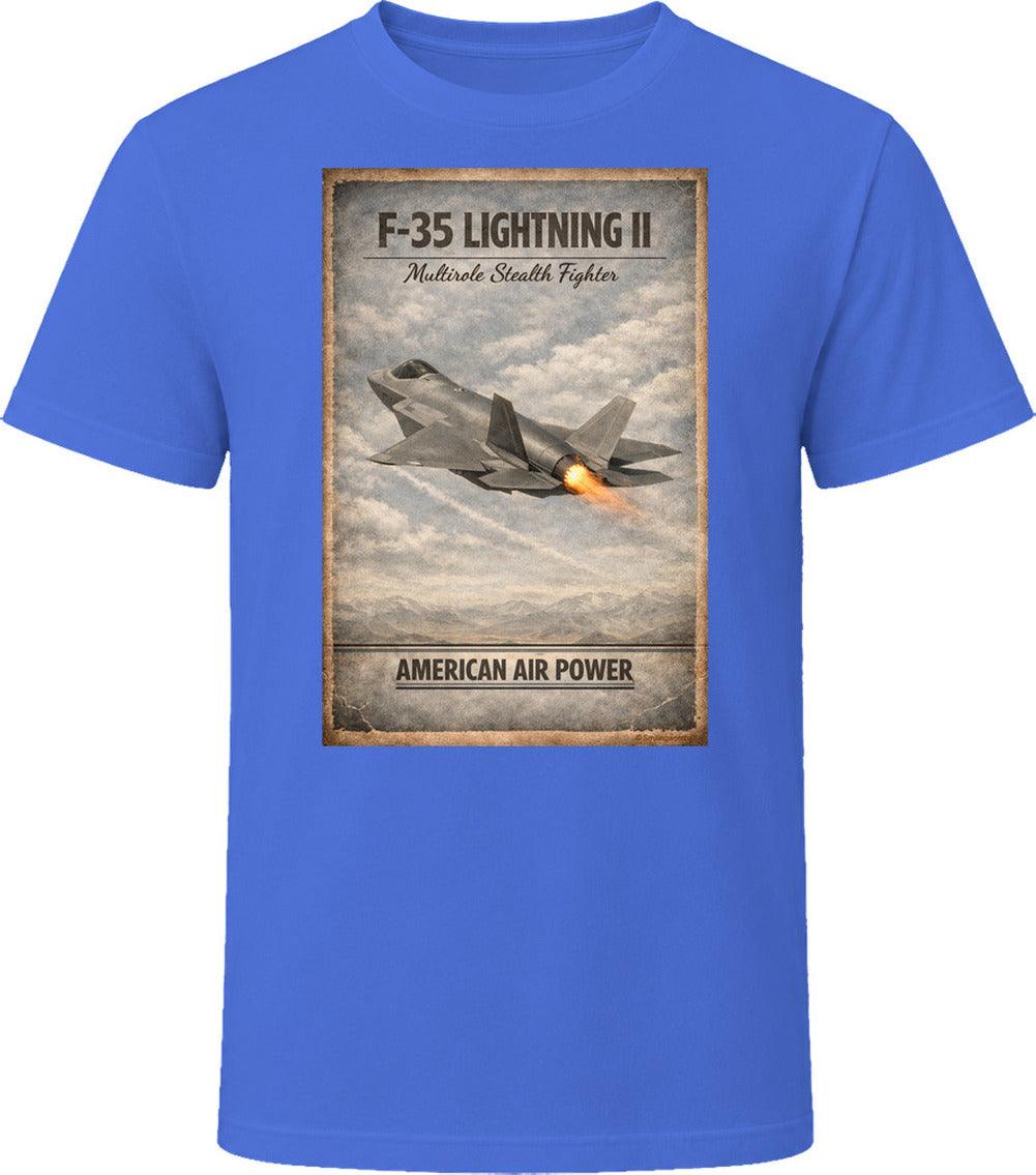  F-35 Lightning II American Air Power graphic t-shirt in royal blue – Smiling Wombat