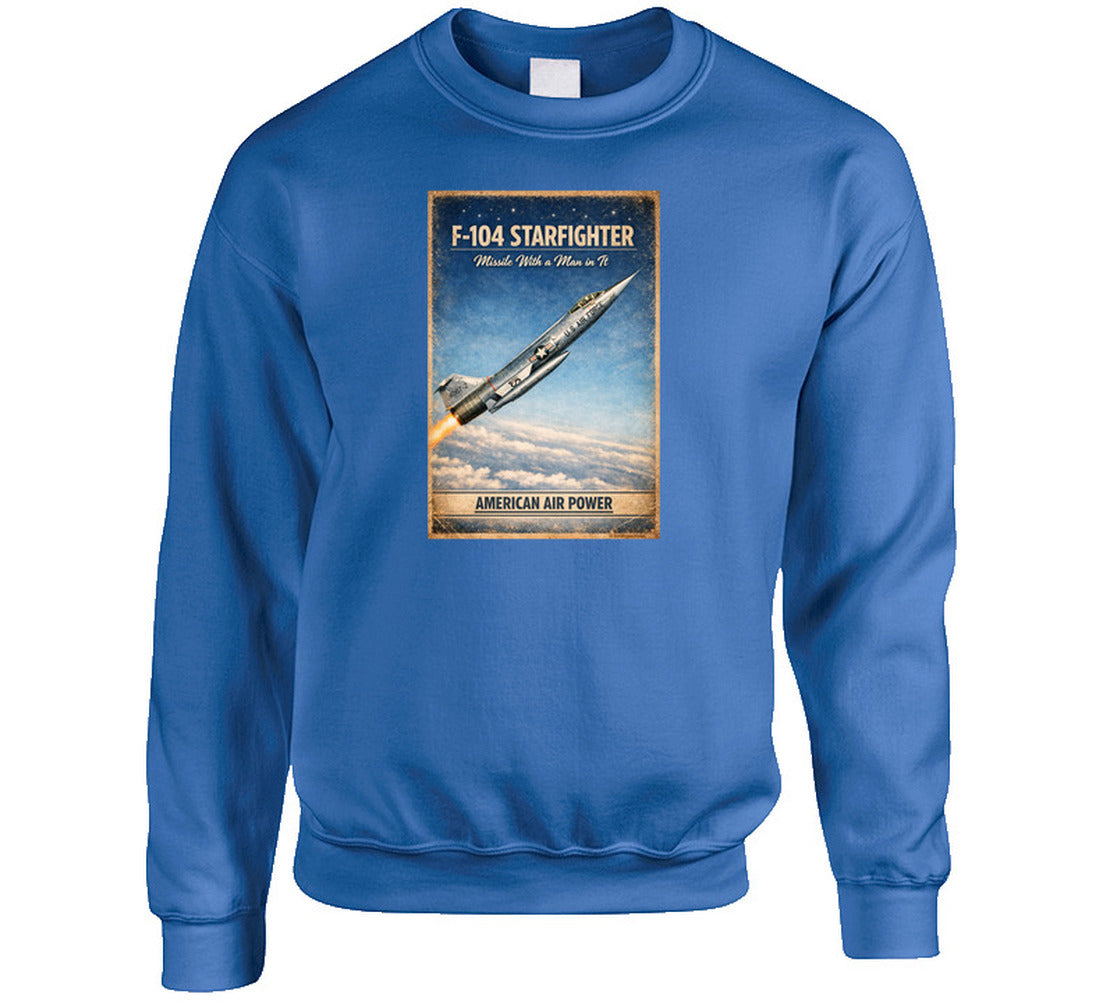 F-104 Starfighter American Air Power distressed aviation sweatshirt in royal blue