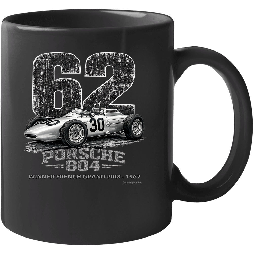 Porsche 804 F1 1962 French Grand Prix bold distressed art on black ceramic coffee mug