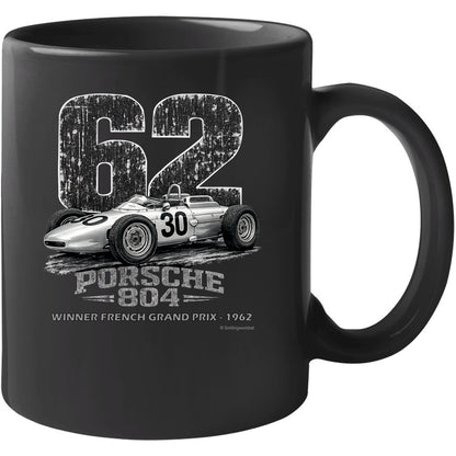 Porsche 804 F1 1962 French Grand Prix bold distressed art on black ceramic coffee mug