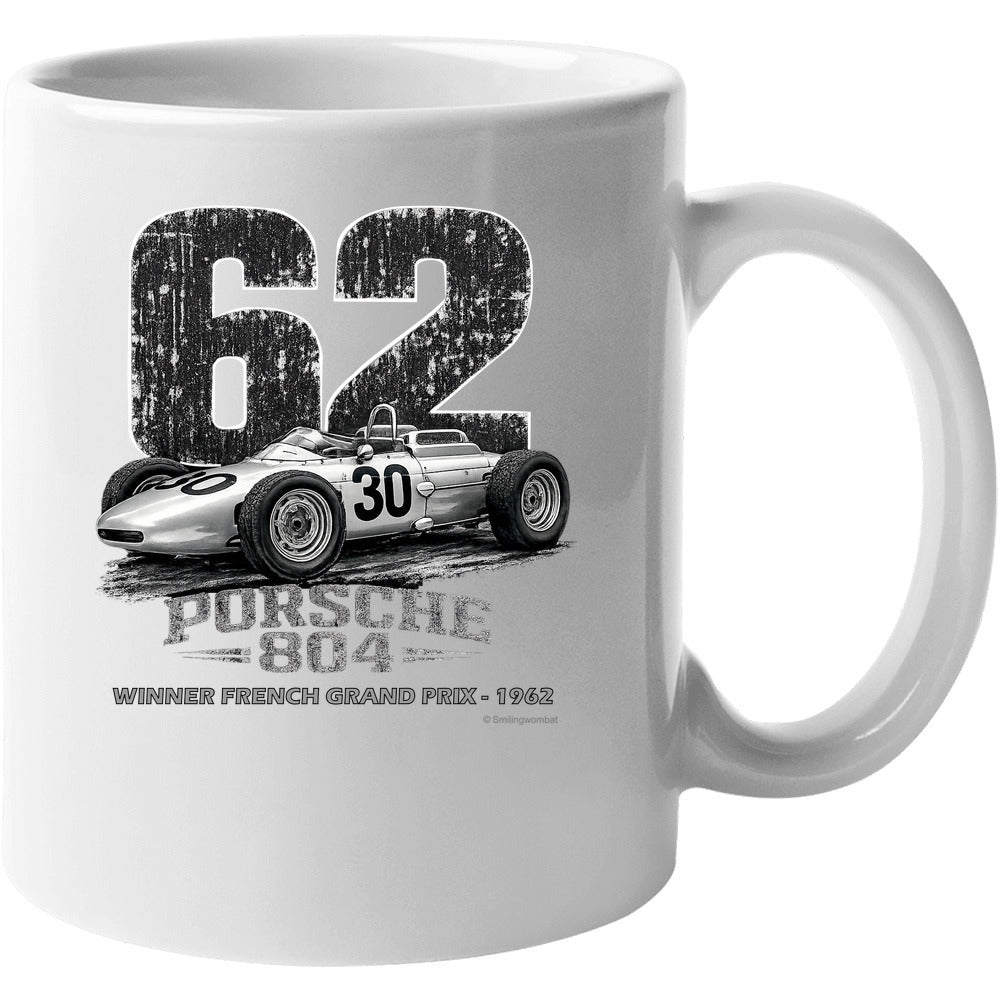 Porsche 804 F1 1962 French Grand Prix retro racing graphic on white ceramic coffee mug