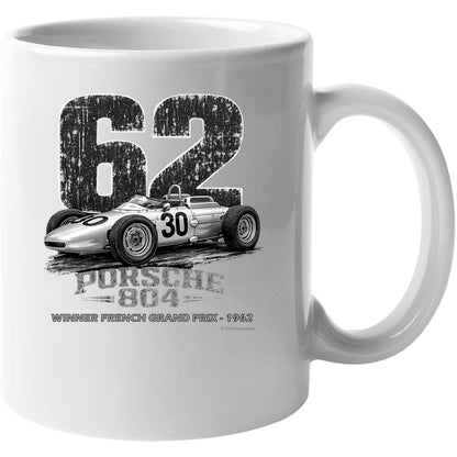 Porsche 804 F1 1962 French Grand Prix retro racing graphic on white ceramic coffee mug