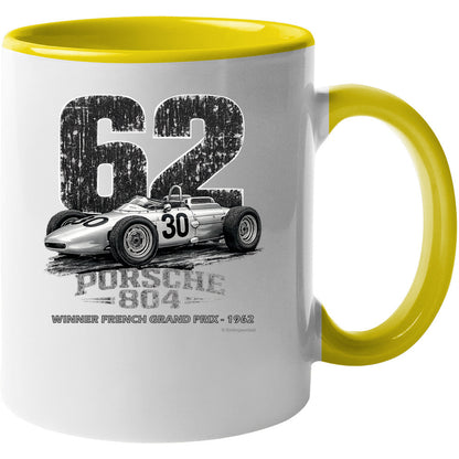 Porsche 804 F1 1962 vintage racing coffee mug white with yellow accent handle and rim