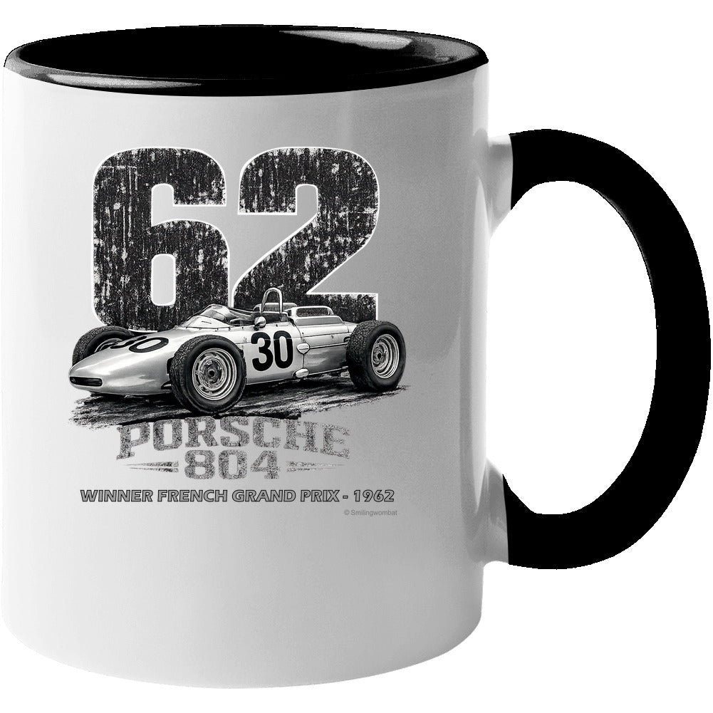 Porsche 804 F1 1962 retro graphic coffee mug white with black accent handle and rim