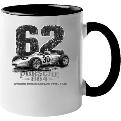 Porsche 804 F1 1962 retro graphic coffee mug white with black accent handle and rim
