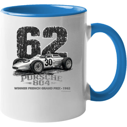 Porsche 804 F1 vintage racing mug in white with light blue accent handle and rim