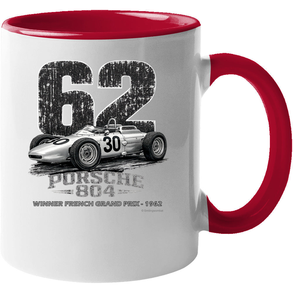 Porsche 804 F1 French Grand Prix coffee mug white with red accent handle and rim