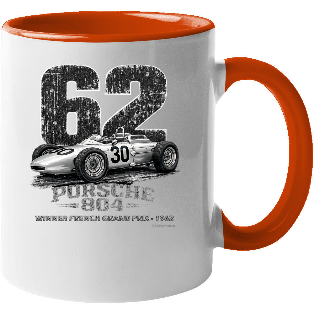 Porsche 804 F1 French Grand Prix mug white with orange accent handle and rim