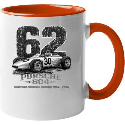 Porsche 804 F1 French Grand Prix mug white with orange accent handle and rim