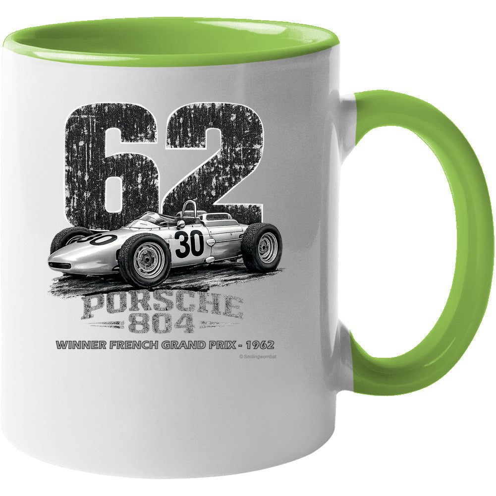 Porsche 804 F1 retro distressed mug white with light green accent handle and rim