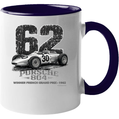 Porsche 804 F1 1962 racing art mug white with navy blue accent handle and rim