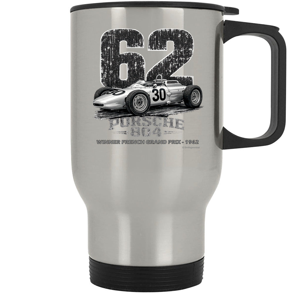 Porsche 804 F1 1962 French Grand Prix retro racing graphic on silver insulated travel mug