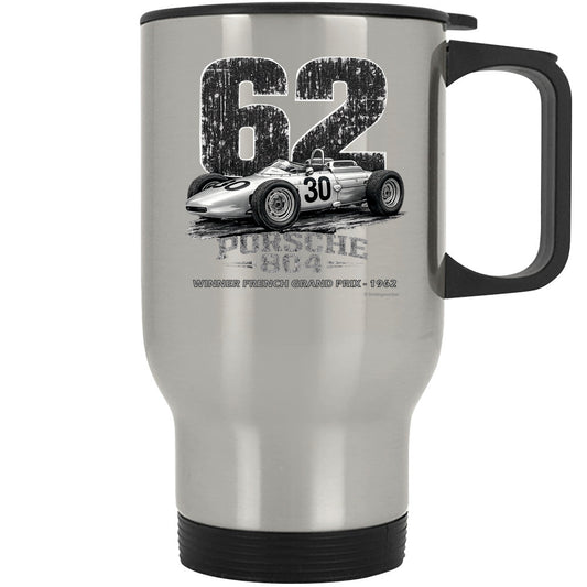 Porsche 804 F1 1962 French Grand Prix retro racing graphic on silver insulated travel mug