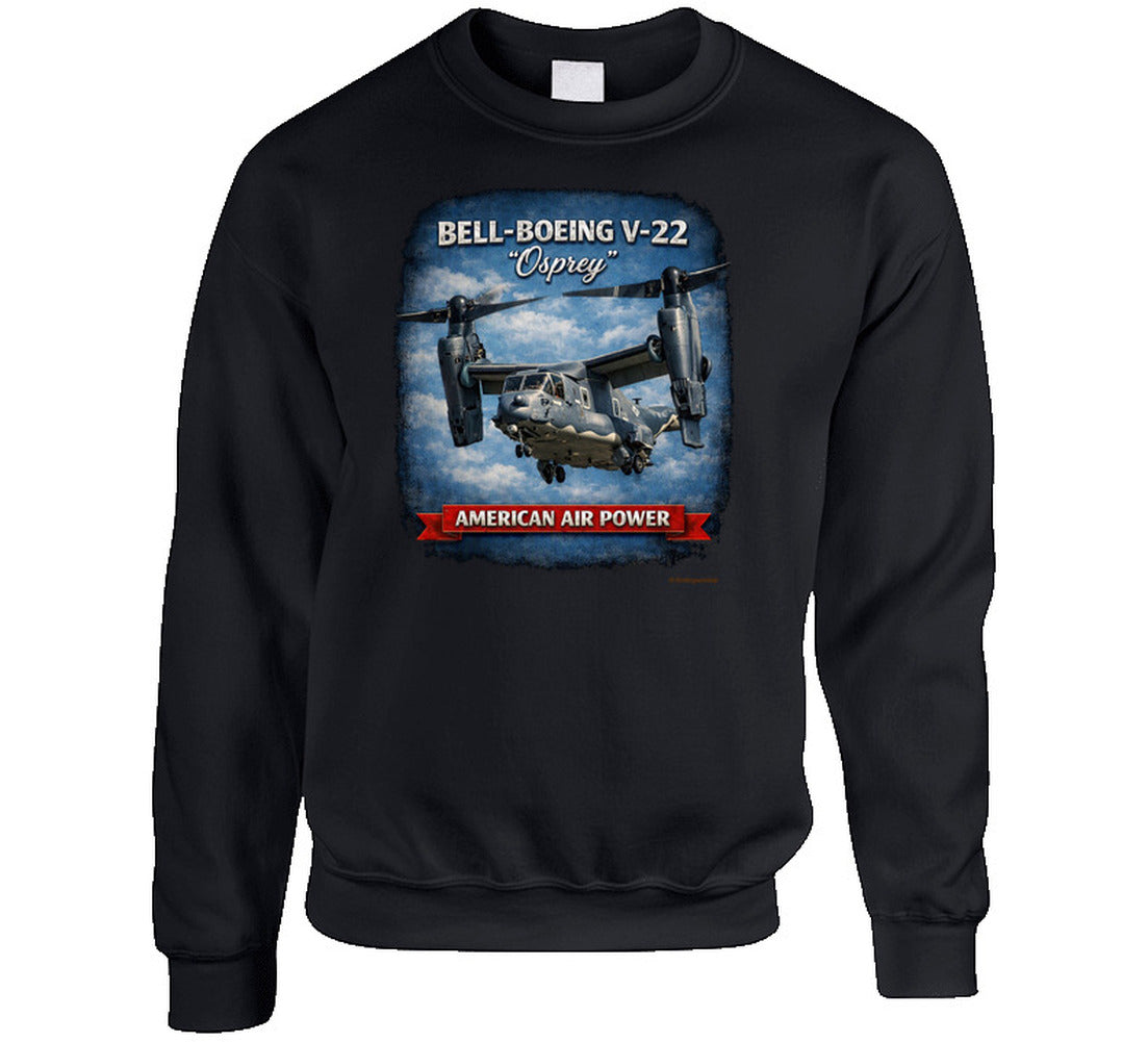 Bell-Boeing V-22 Osprey American Air Power distressed graphic sweatshirt in black