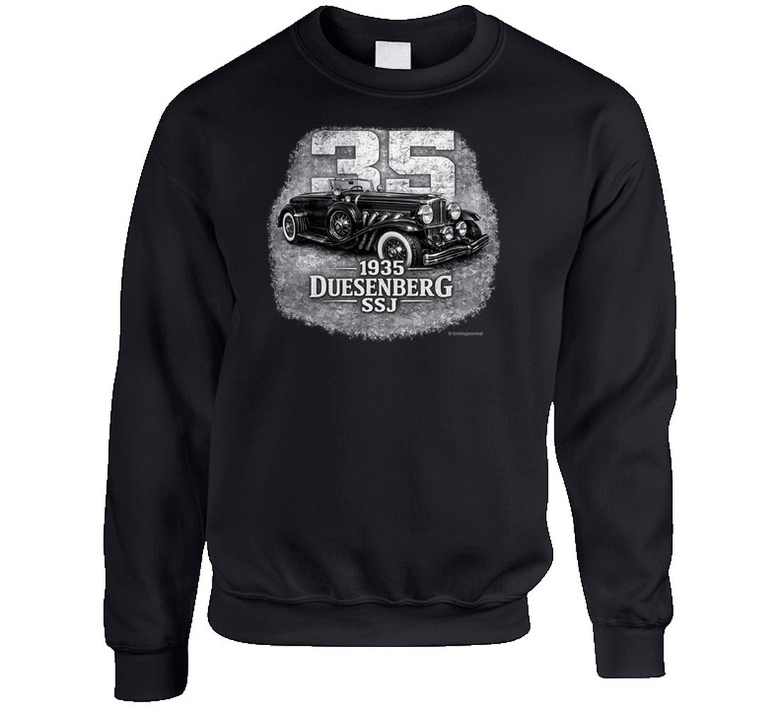 1935 Duesenberg SSJ vintage car graphic sweatshirt in black with distressed retro design