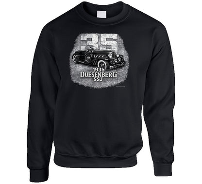 1935 Duesenberg SSJ vintage car graphic sweatshirt in black with distressed retro design