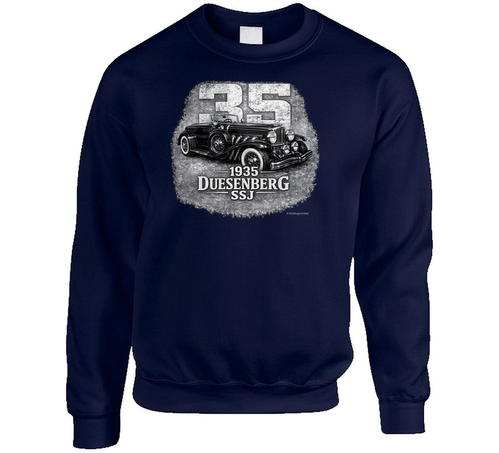 1935 Duesenberg SSJ vintage car sweatshirt in navy with distressed editorial design