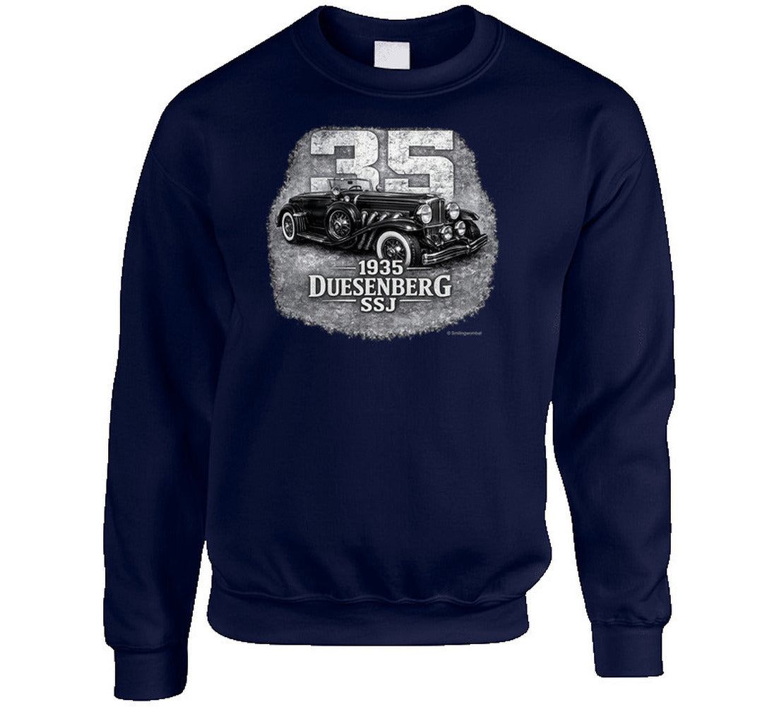 1935 Duesenberg SSJ vintage car sweatshirt in navy with distressed editorial design