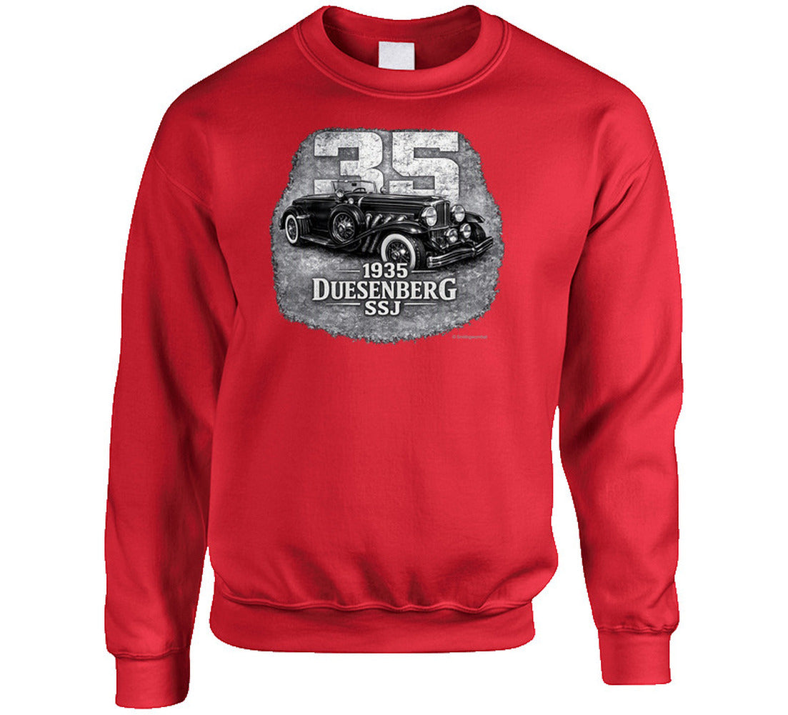1935 Duesenberg SSJ retro automotive sweatshirt in red with vintage distressed graphic