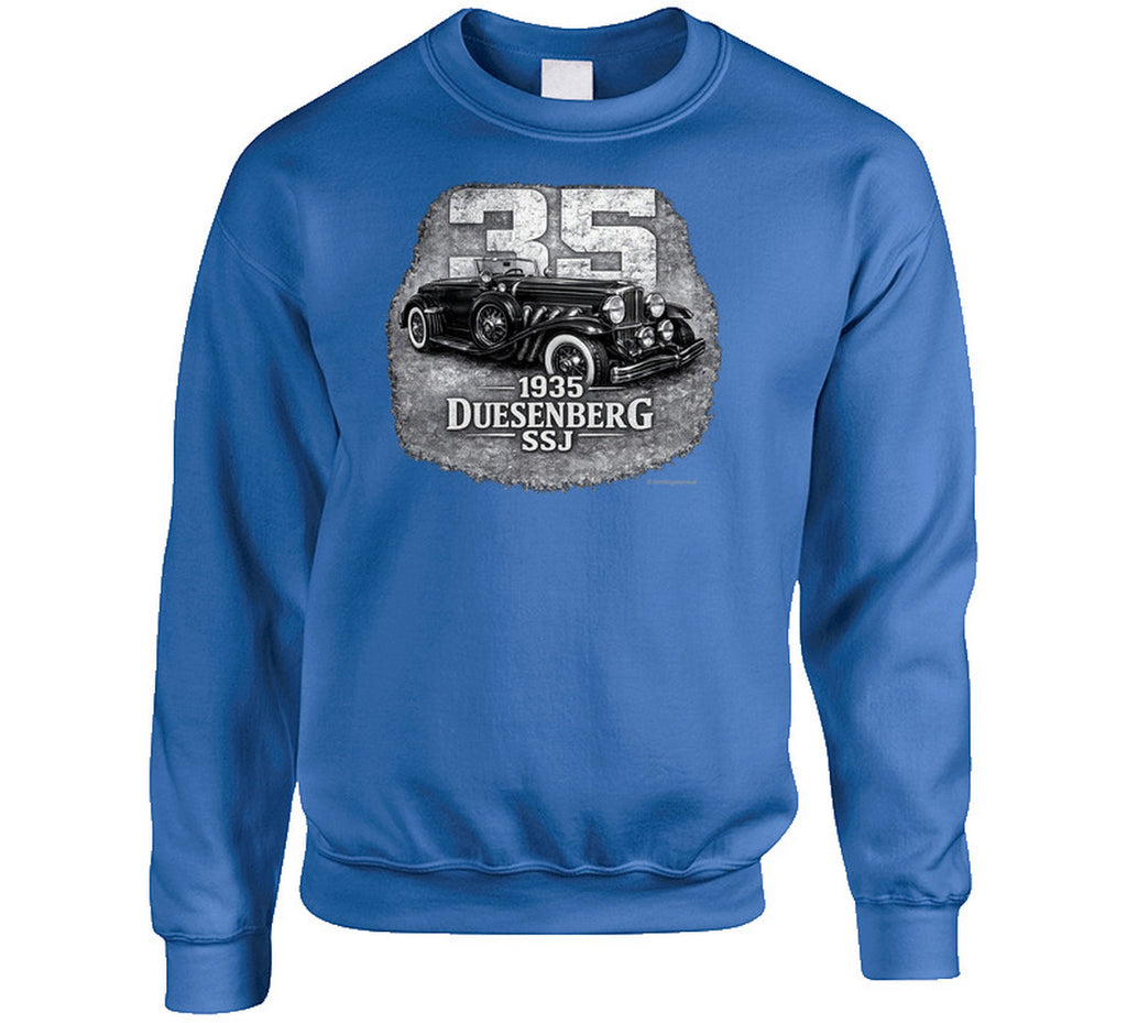 1935 Duesenberg SSJ classic car graphic sweatshirt in royal blue with retro styling