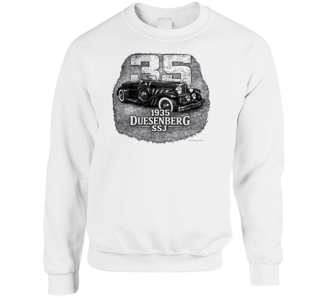 1935 Duesenberg SSJ classic car sweatshirt in white with bold distressed artwork