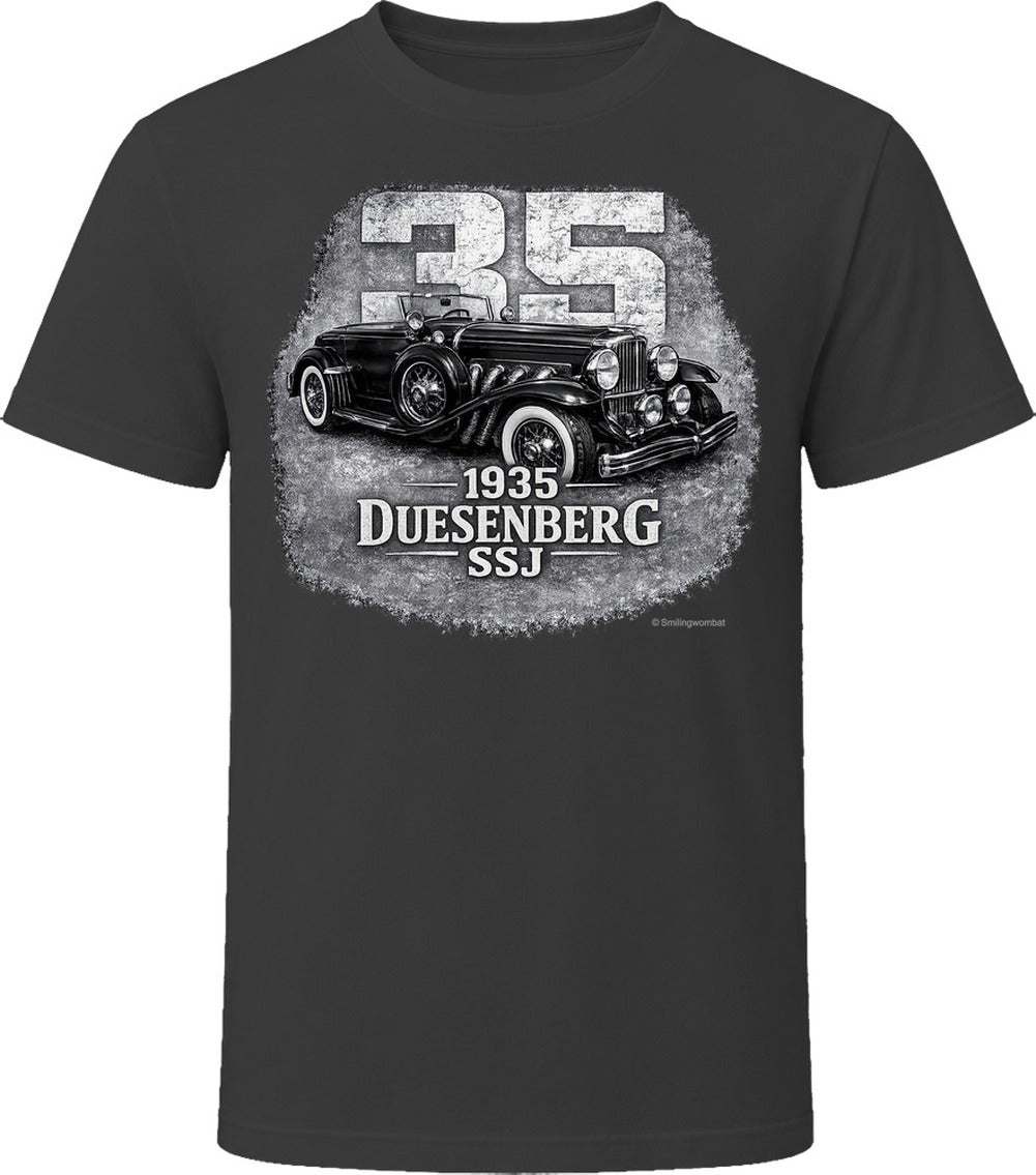 1935 Duesenberg SSJ vintage car graphic t-shirt in black with distressed retro design