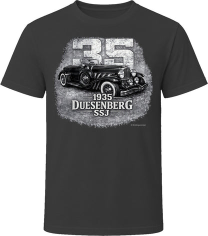 1935 Duesenberg SSJ vintage car graphic t-shirt in black with distressed retro design