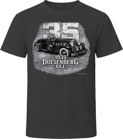 1935 Duesenberg SSJ vintage car graphic t-shirt in black with distressed retro design