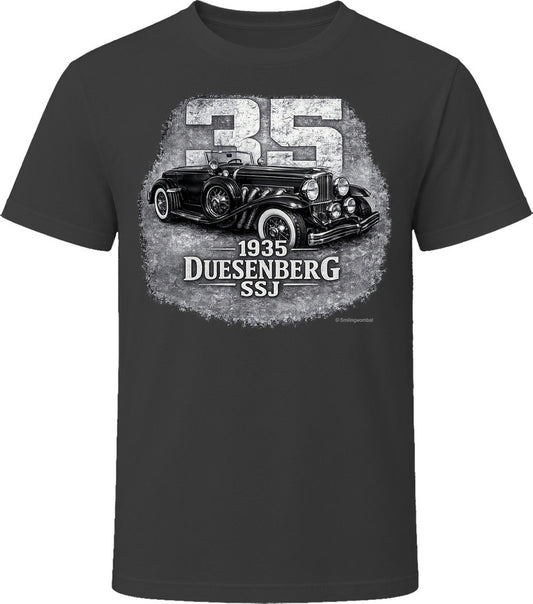 1935 Duesenberg SSJ vintage car graphic t-shirt in black with distressed retro design