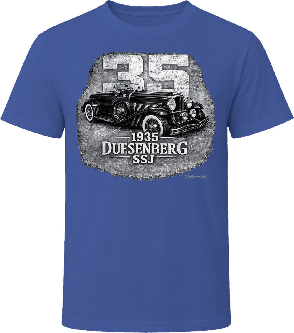 1935 Duesenberg SSJ vintage car t-shirt in navy with distressed editorial design