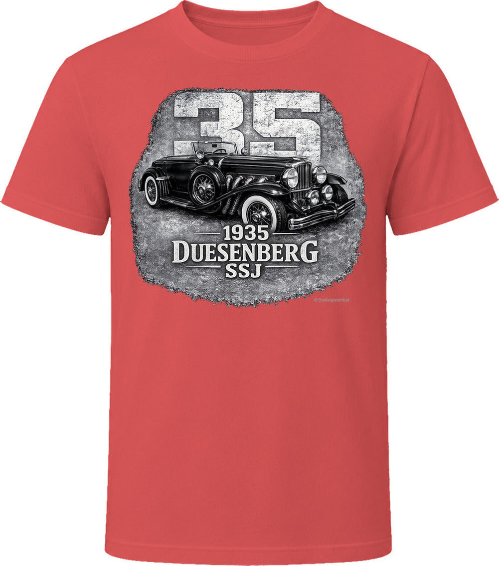  1935 Duesenberg SSJ retro automotive t-shirt in red with vintage distressed graphic