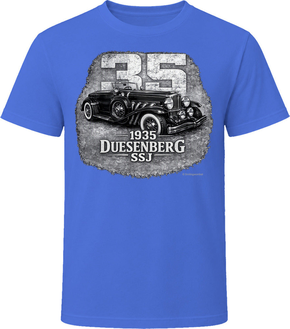 1935 Duesenberg SSJ classic car graphic t-shirt in royal blue with retro styling