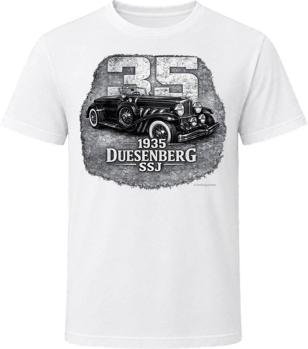 1935 Duesenberg SSJ classic car t-shirt in white with bold distressed artwork