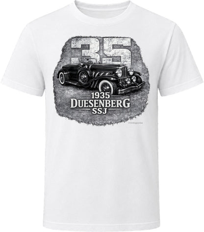 1935 Duesenberg SSJ classic car t-shirt in white with bold distressed artwork