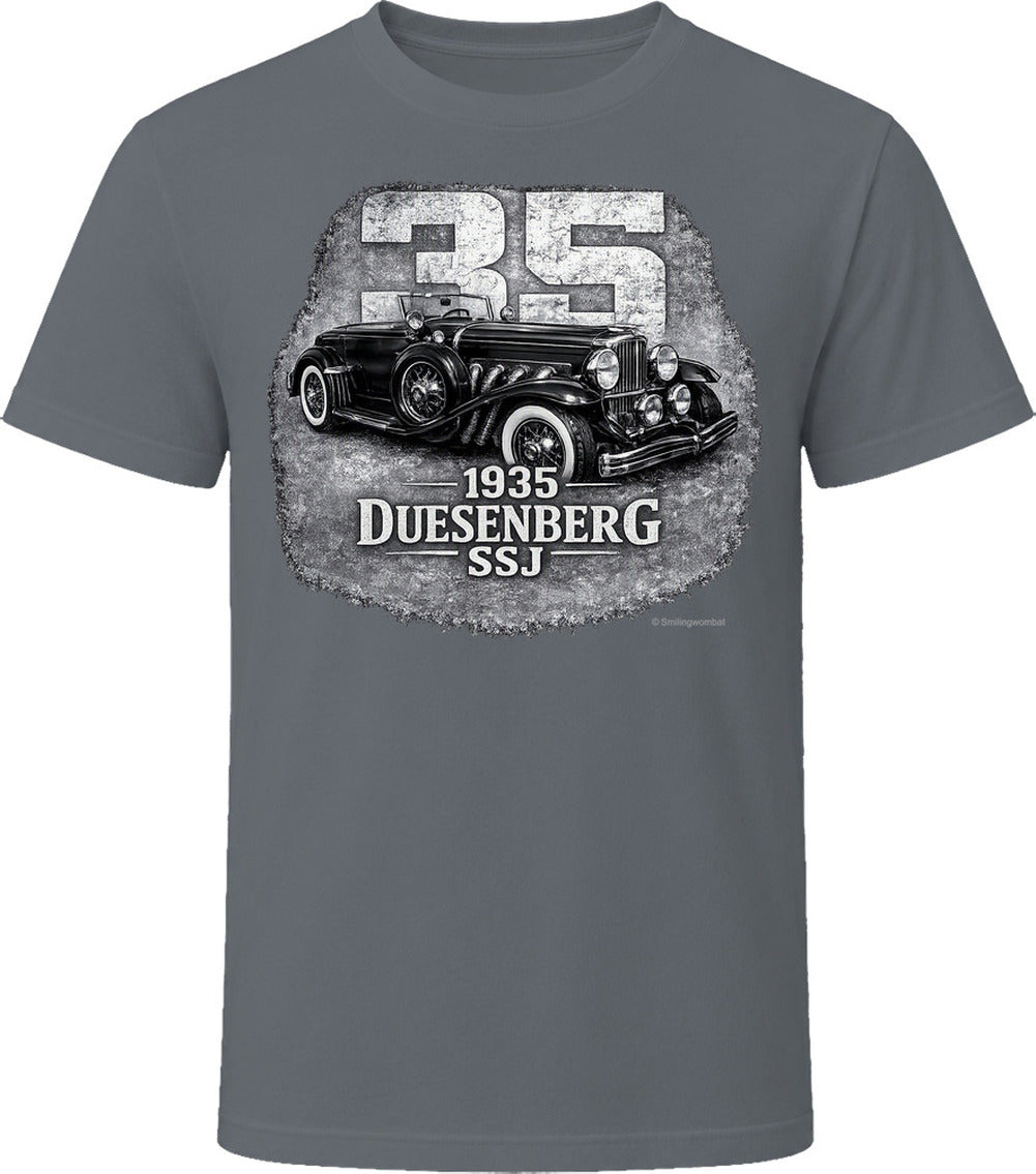 1935 Duesenberg SSJ distressed vintage car t-shirt in charcoal grey