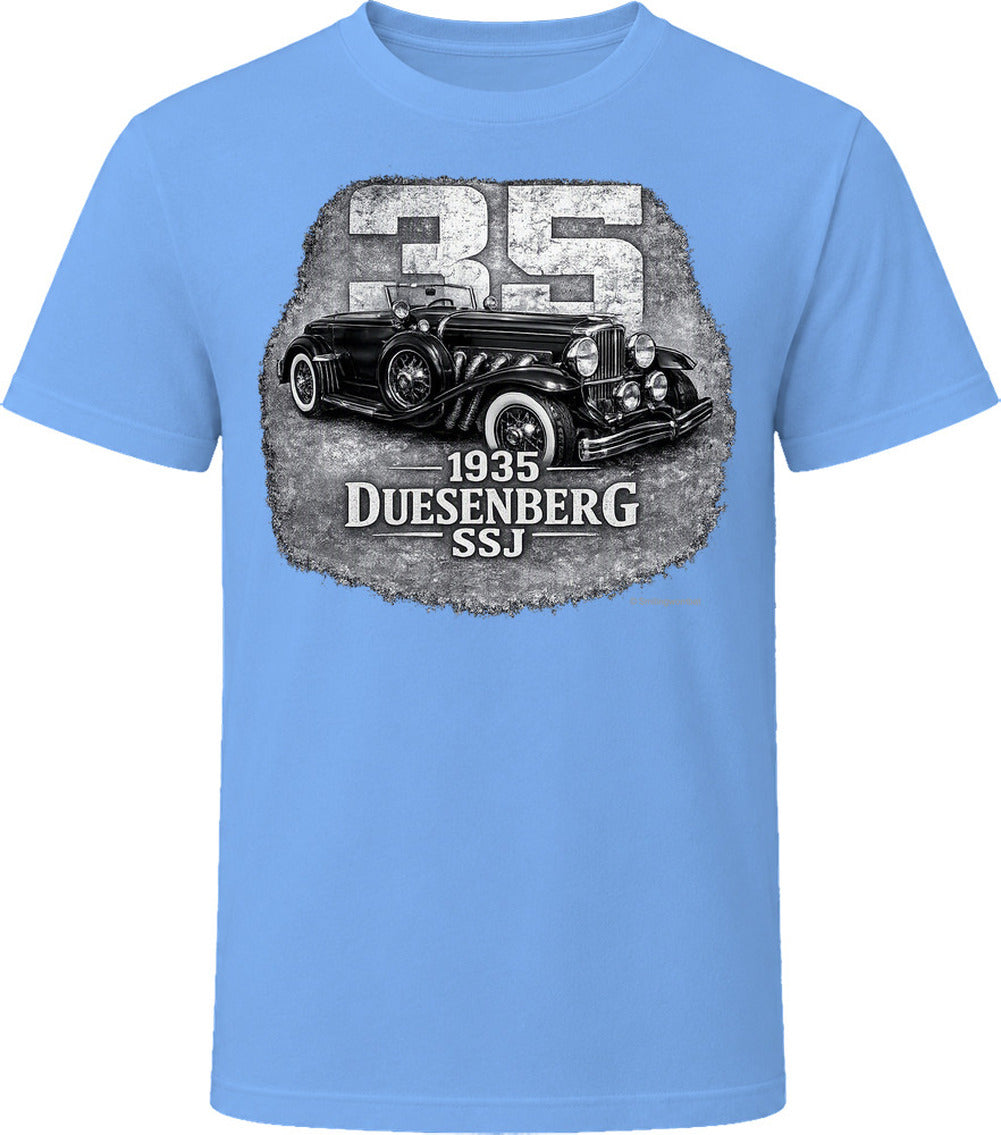 1935 Duesenberg SSJ retro car graphic t-shirt in light blue with vintage artwork