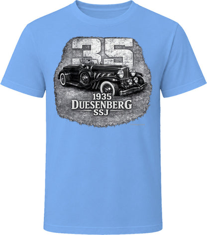 1935 Duesenberg SSJ retro car graphic t-shirt in light blue with vintage artwork