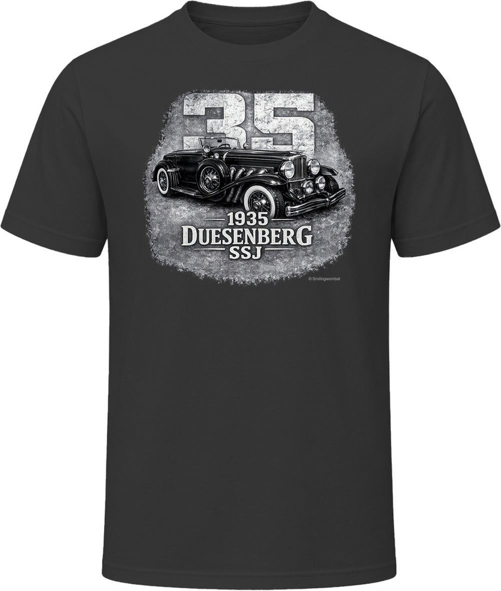 1935 Duesenberg SSJ vintage car graphic t-shirt in black with distressed retro design