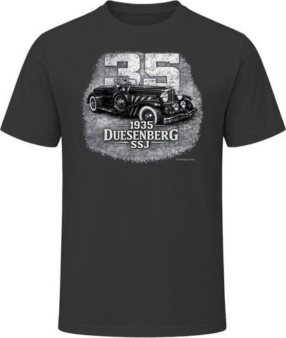 1935 Duesenberg SSJ vintage car graphic t-shirt in black with distressed retro design